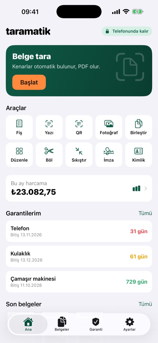 Taramatik ana ekranı: belge tarama, araçlar, harcama ve garantiler
