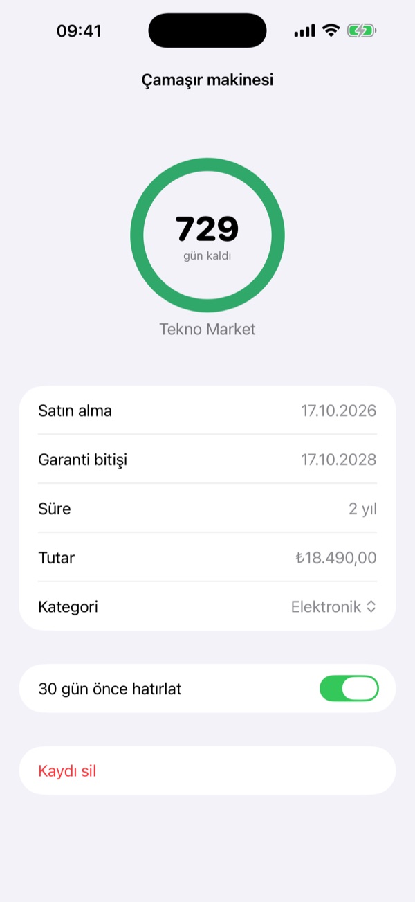 Garanti ayrıntısı: kalan gün halkası